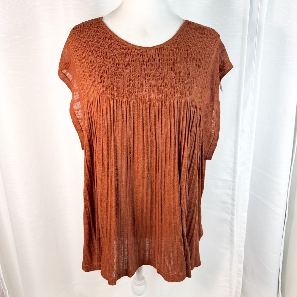 Akemi + Kin Anthropologie Womens Rust Orange Pleated Smocked Blouse Boho M